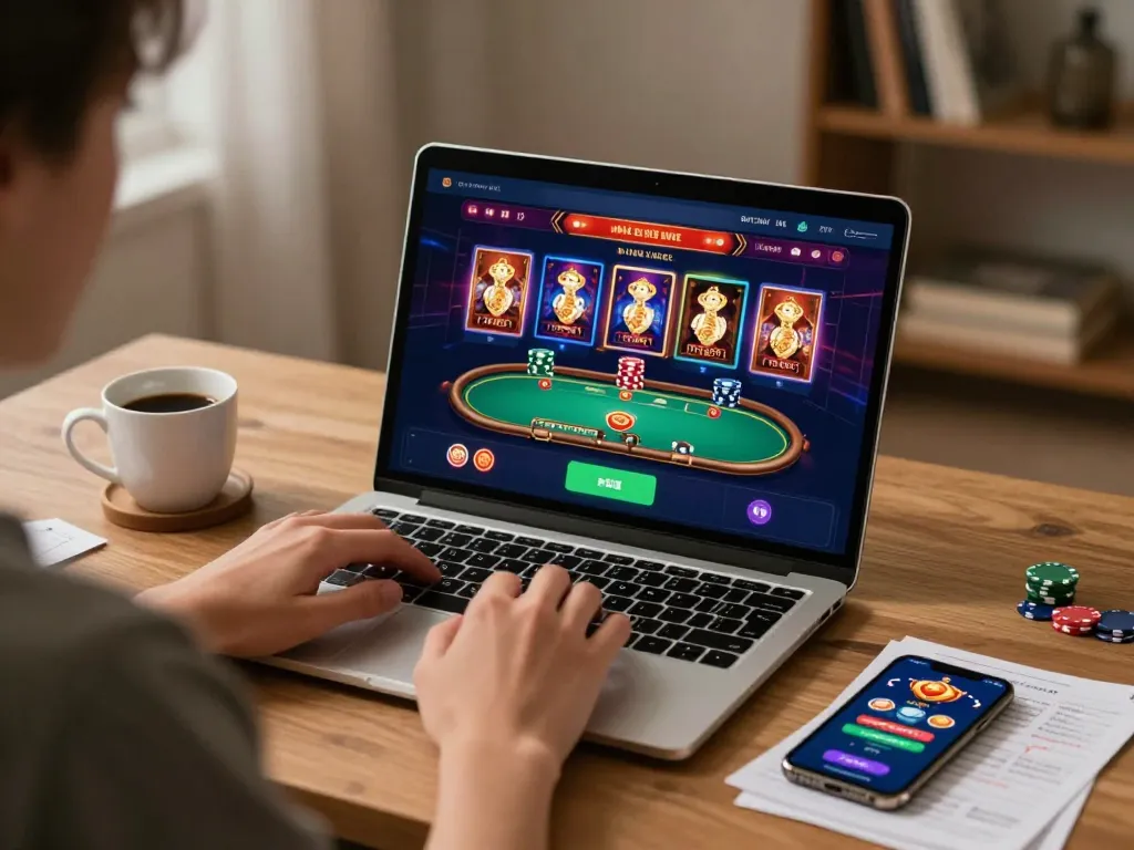 alc88 player enjoying online casino gaming on laptop with vibrant interface and cozy atmosphere