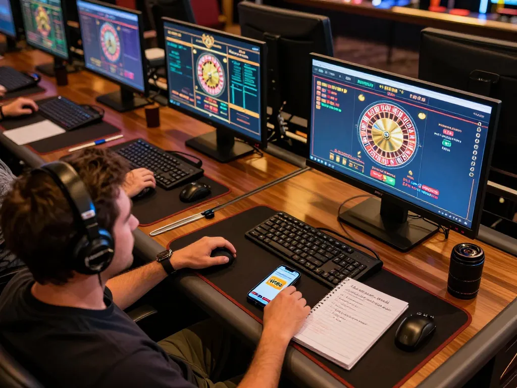 Engaged player using vin88 app on smartphone while enjoying a lively online casino game setup.
