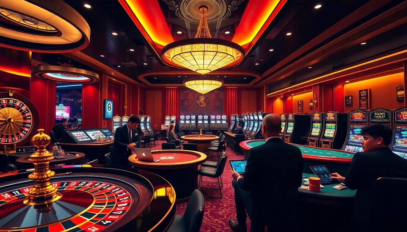 Action-packed casino experience at nhà cái XX88 featuring players at roulette and online betting.