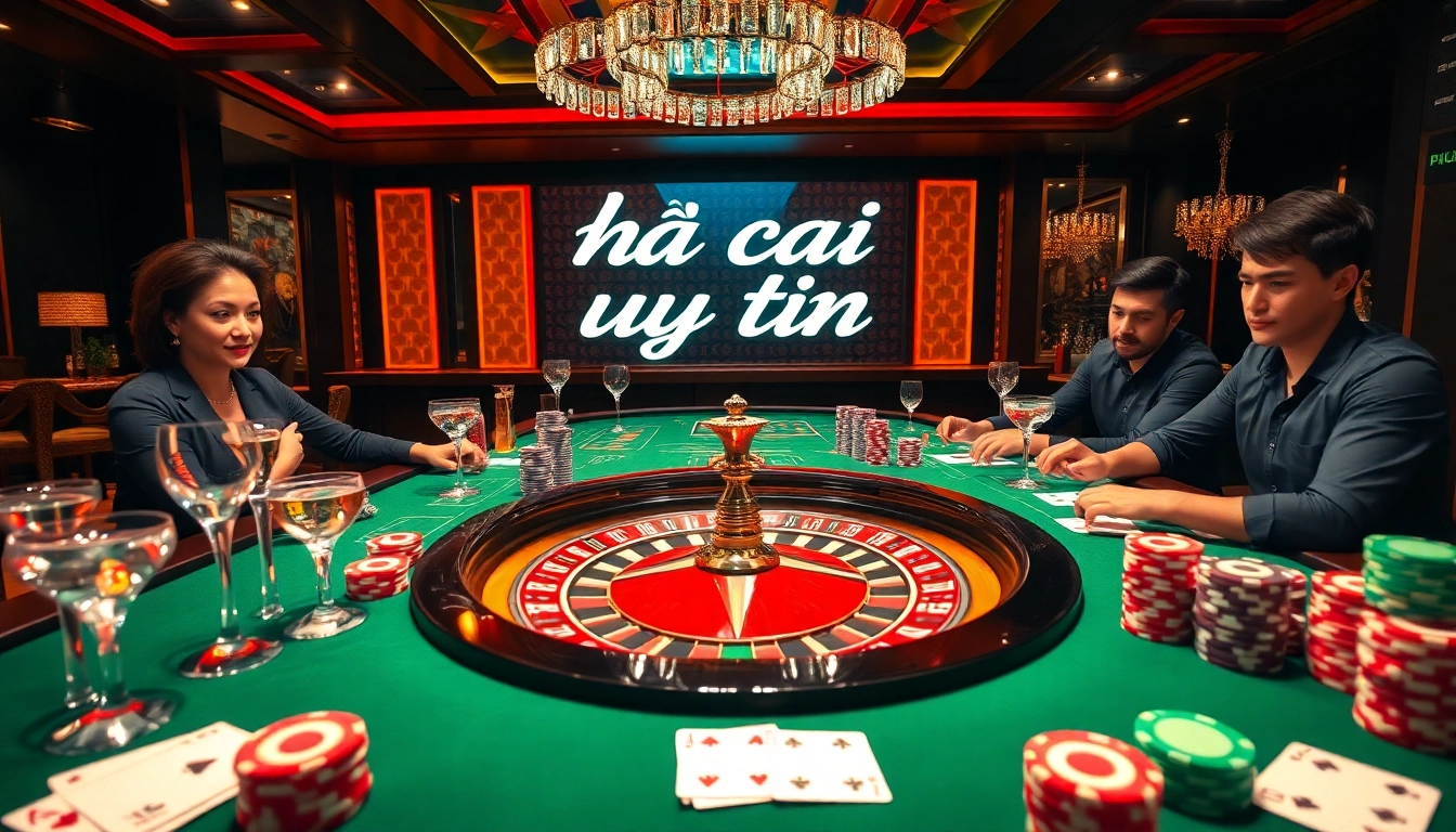 Exciting scene at a nha cai uy tin casino with poker tables and colorful chips.