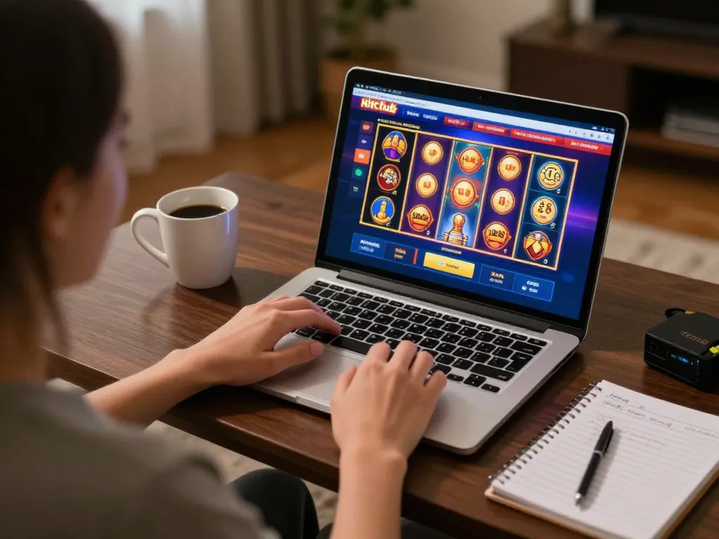 Hitclub online gaming scene with a player engaging in interactive slot games at home.