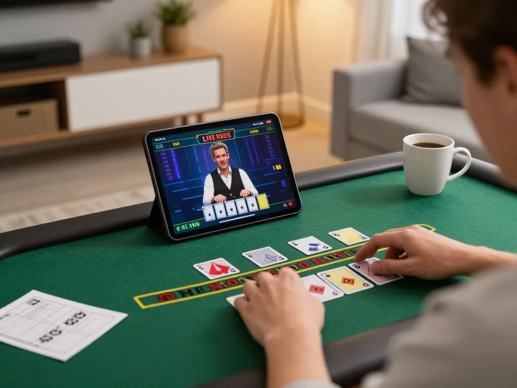 Engaging in online blackjack at home, featuring a person using a tablet to play hit club games with strategy notes
