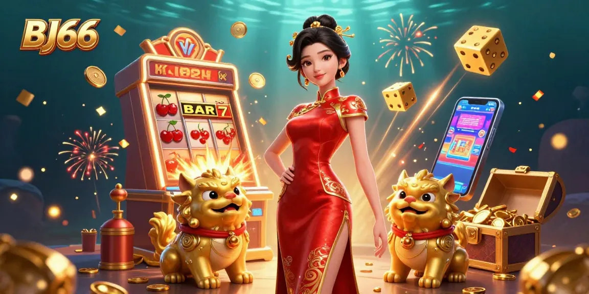 Experience excitement with BJ66 in a vibrant casino scene showcasing a glamorous woman among lucky symbols and treasures.