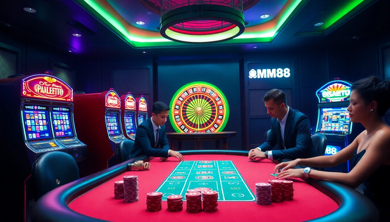 MM88 casino scene featuring a thrilling poker game with vibrant slot machines and roulette.