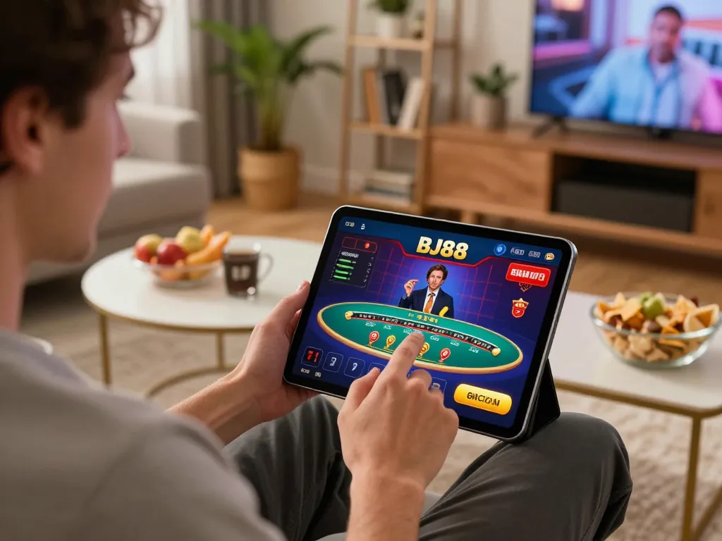 Bettor using BJ88 casino app on tablet for live dealer blackjack, showcasing modern online gaming.