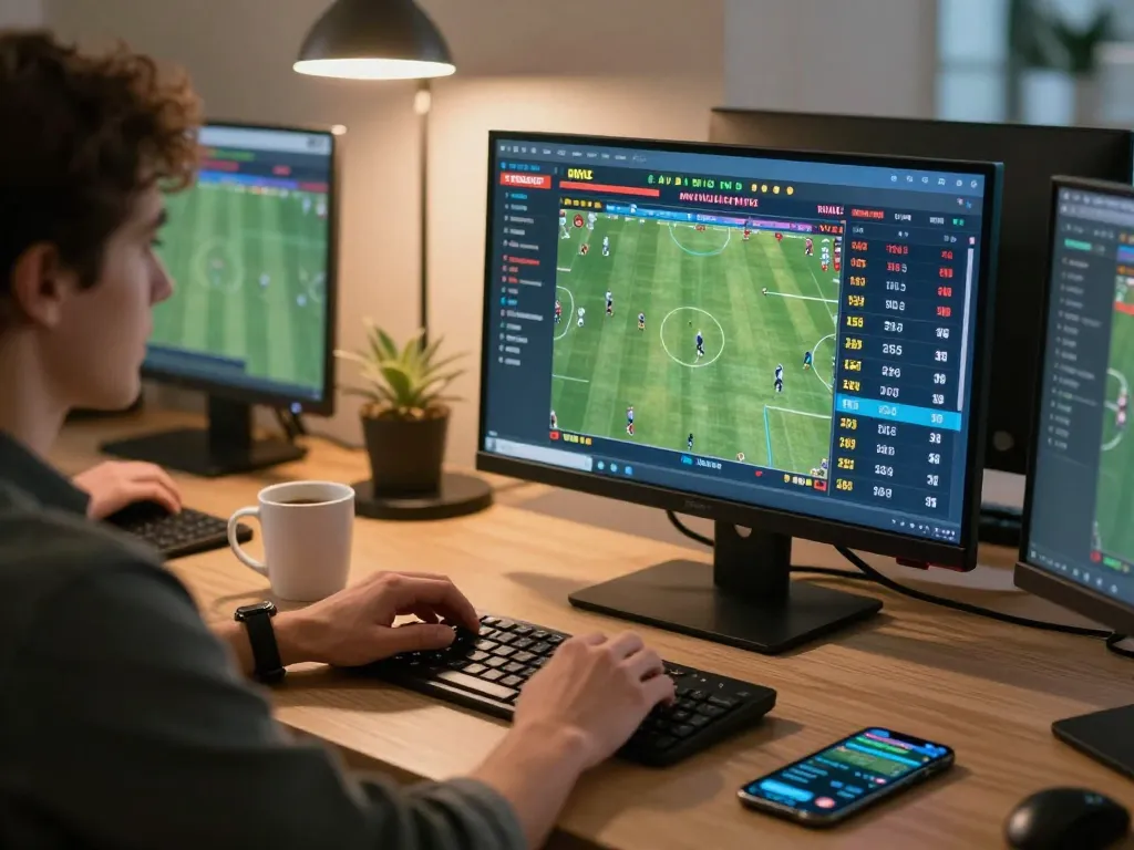 HDBET user placing strategic bets during a live sports event with multiple screens showing real-time odds.