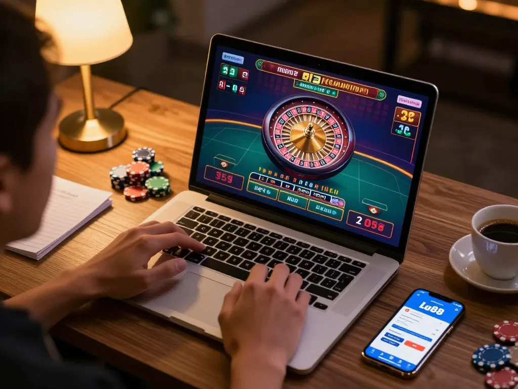 Engaging in exciting online roulette at Lu88, showcasing strategic gameplay in a cozy setting.