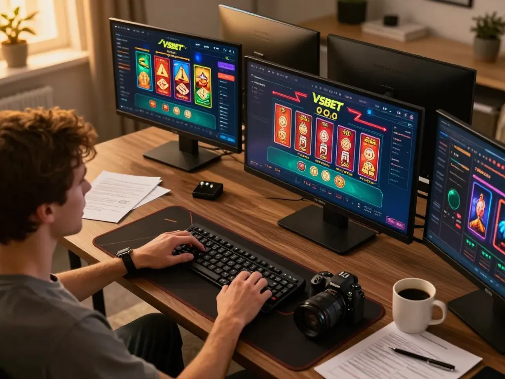Engaging online gambling experience with VSBET interface on multiple screens in a cozy home office.
