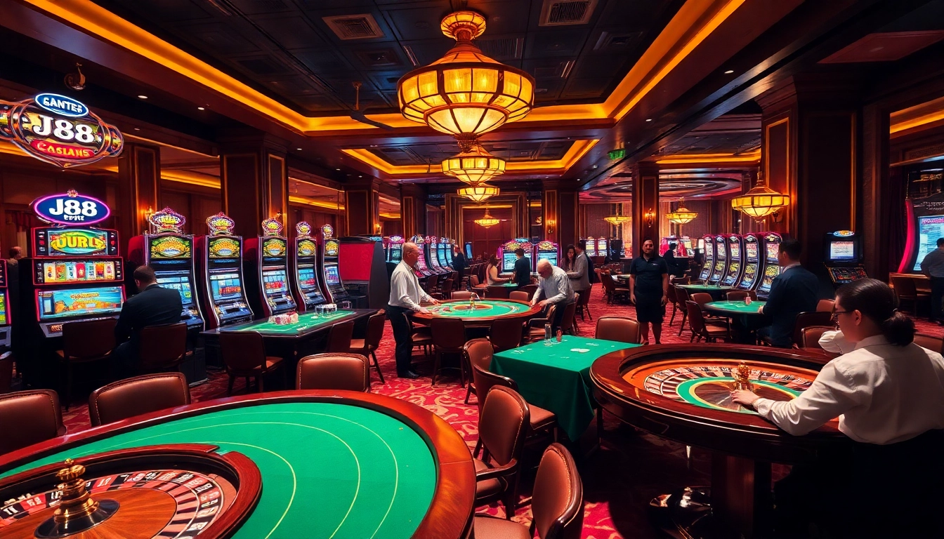 Experience thrilling gameplay at j88-themed casino tables and slot machines.