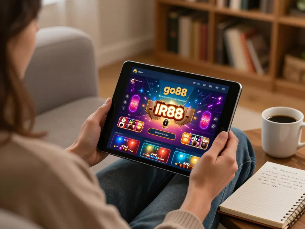 Engaged player using tablet to tải go88 for exciting online gaming experience.
