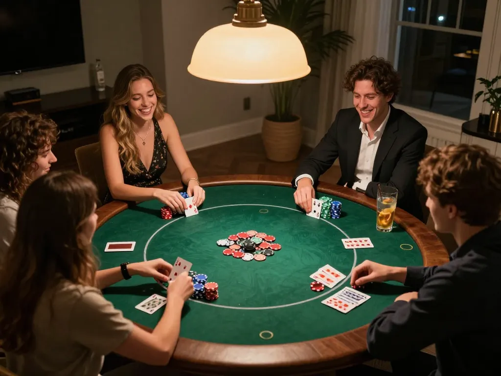 E2bet enthusiasts enjoy an engaging home poker game with friends, showcasing camaraderie and competitive spirit.