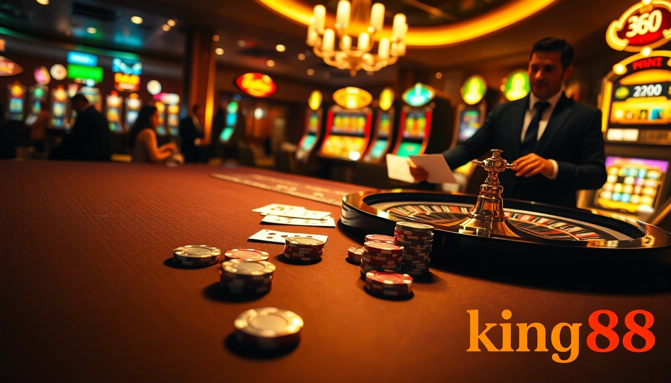 Experience the excitement of king88 casino with vibrant gaming tables, poker chips, and elegant dealers.