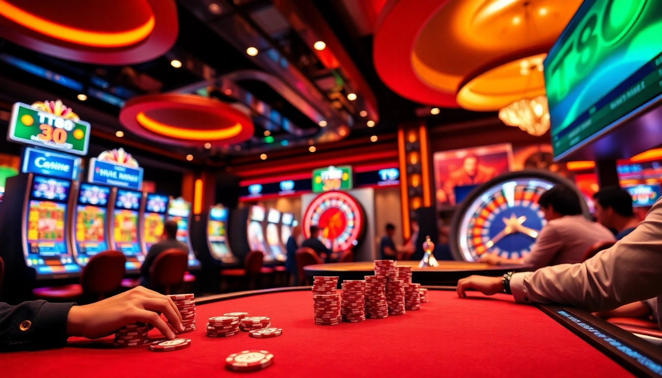 Players enjoying a thrilling TT88 casino experience with slot machines and poker chips