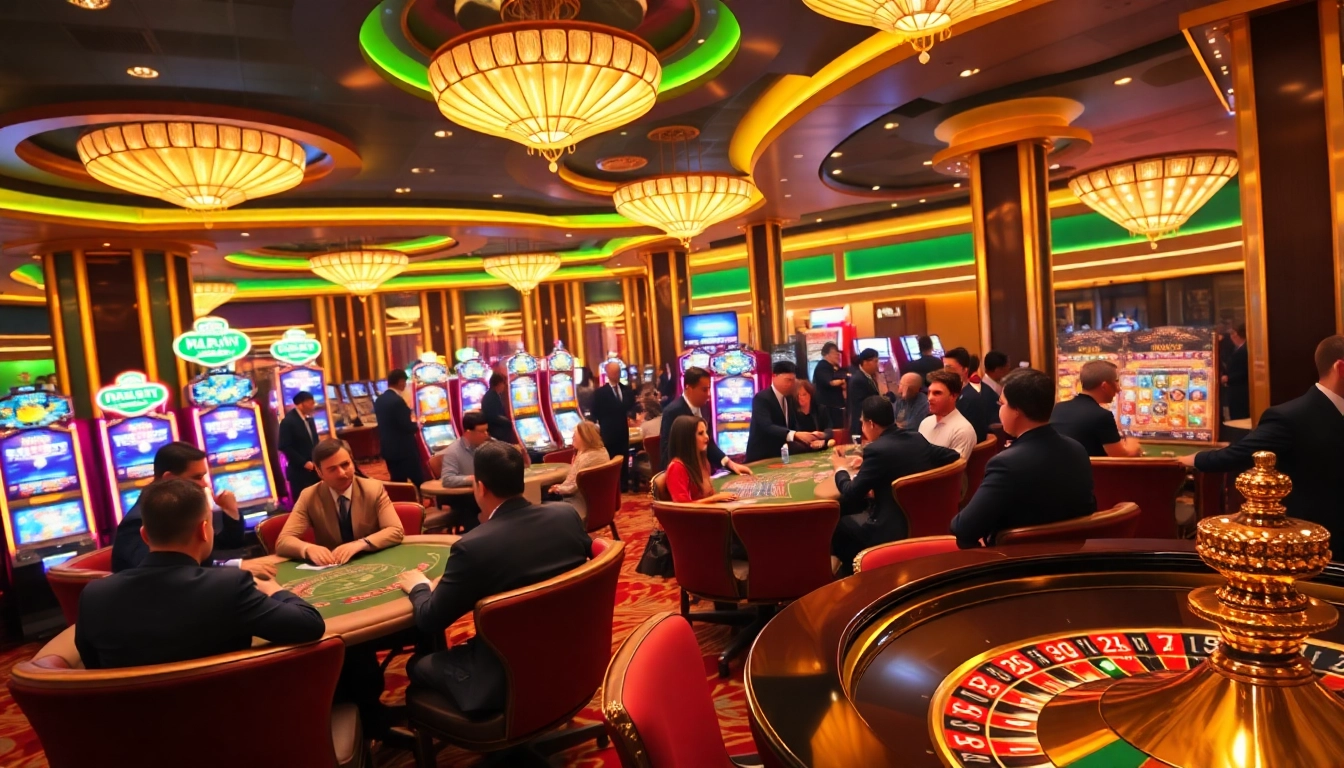 Gamblers enjoying a vibrant casino experience at HAYBET with poker tables and slot machines.