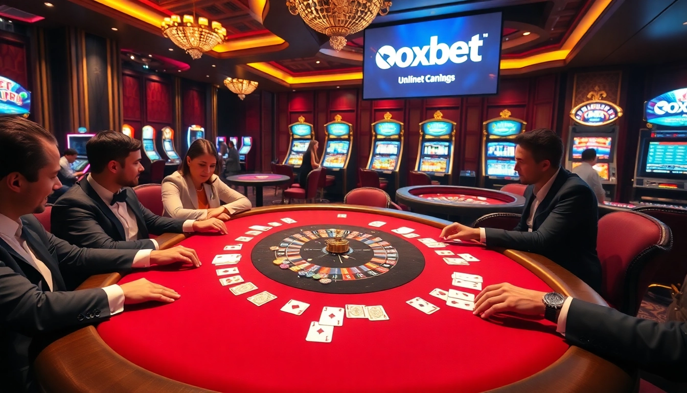 Exciting casino atmosphere featuring Oxbet-themed gaming with poker chips and tables.