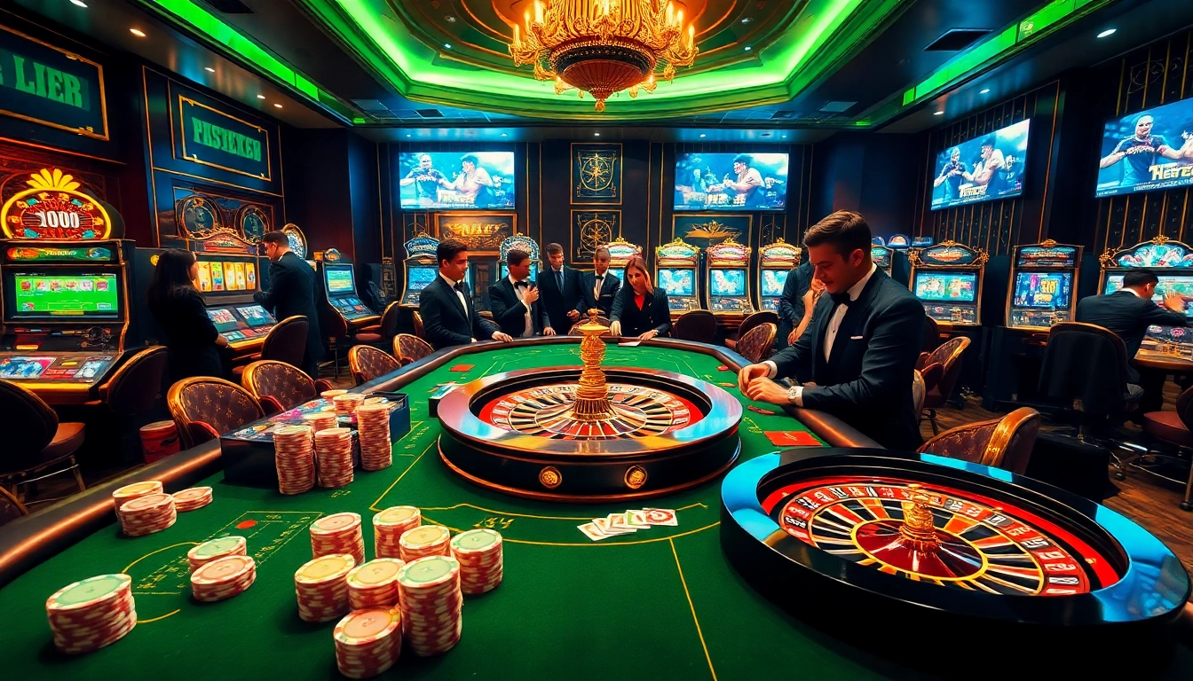 Experience the vibrant excitement of Nhà cái Lu88 with sophisticated dealers, poker chips, and roulette wheels in a luxurious casino setting.