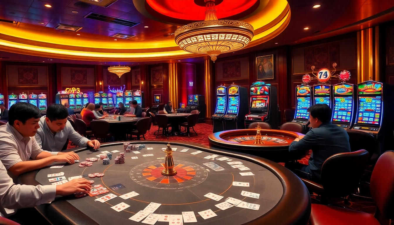 Engaging gaming scene at trang chủ tg88 with poker tables, roulette wheel, and vibrant slot machines.