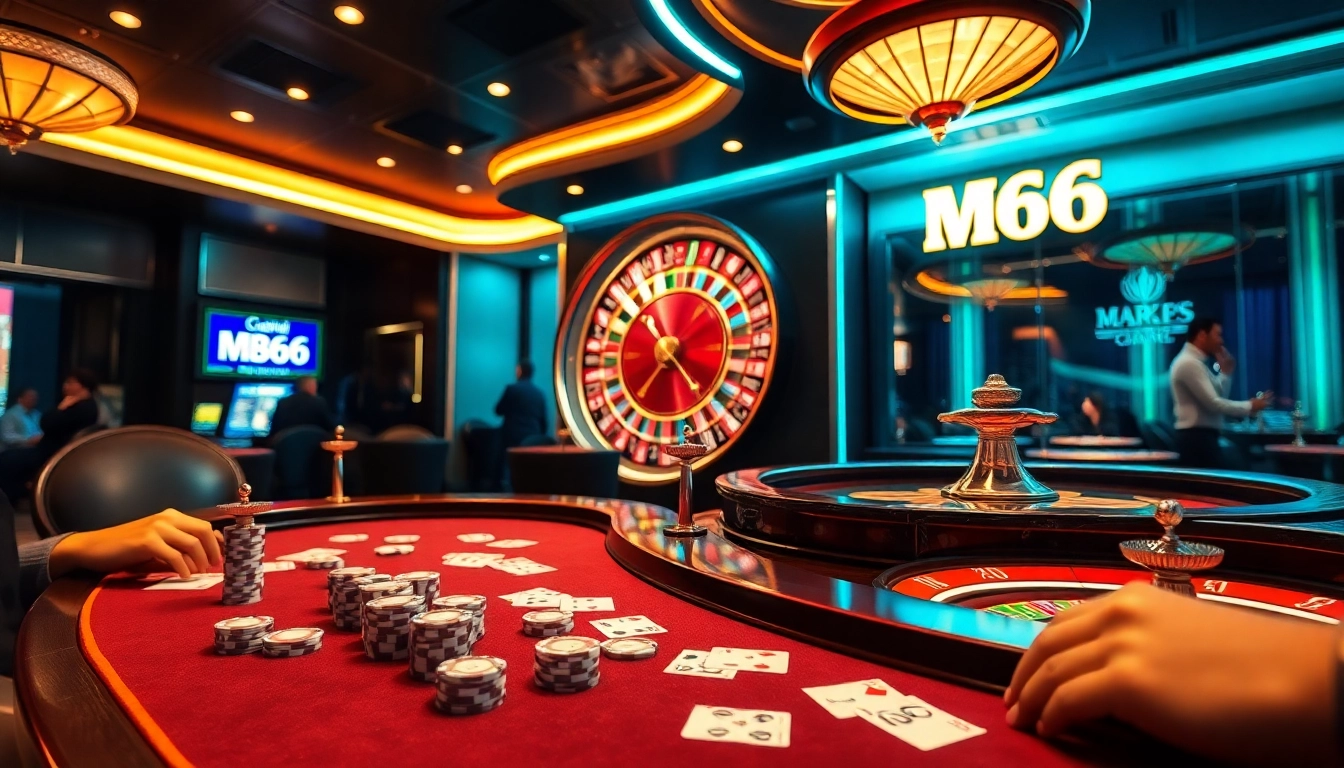 Players diving into an exciting poker game at MB66 Casino, surrounded by vibrant chips and cards.