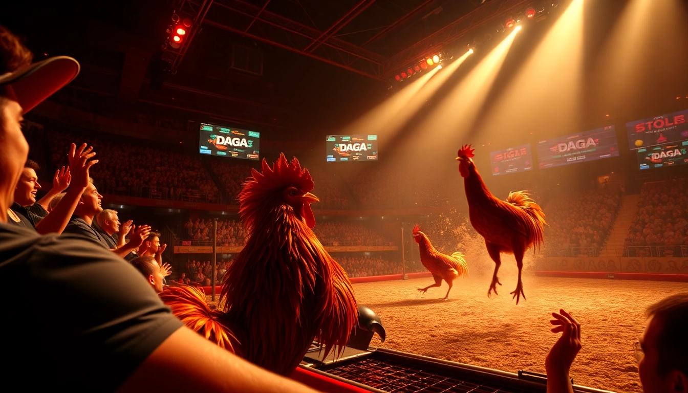 DAGA live cockfighting event showcasing intense action and enthusiastic fans at dagawin.live.