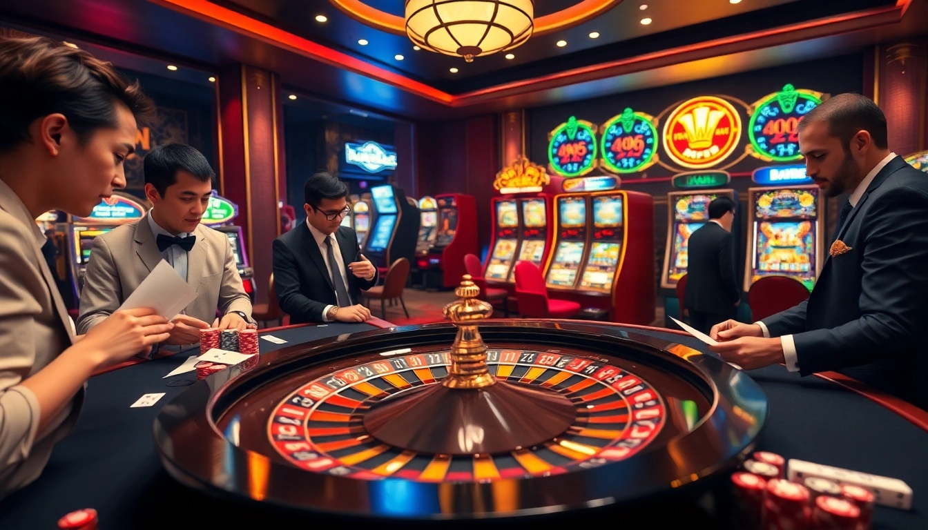 Action-packed scene at trang chủ 888vnd casino with players betting at roulette and poker tables.