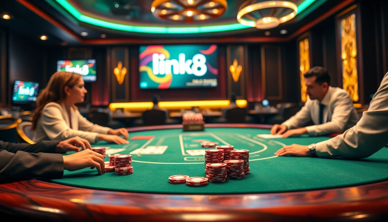 Players engage at a poker table with vibrant colors, showcasing 'link s8' in the digital display, capturing the thrill of gambling.