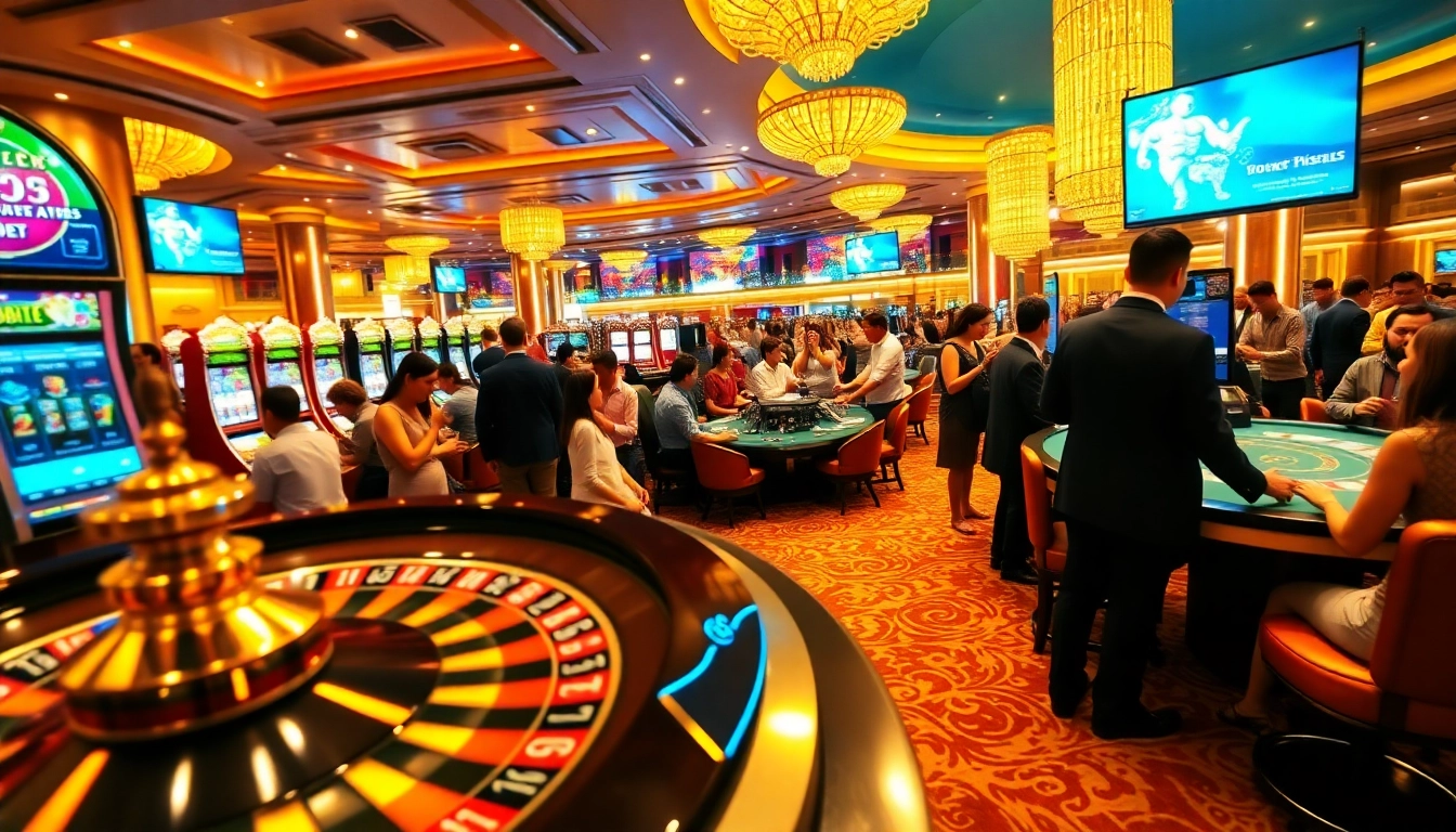 Experience the thrill of lode88 ai at a luxury casino with vibrant gaming tables and excited players.