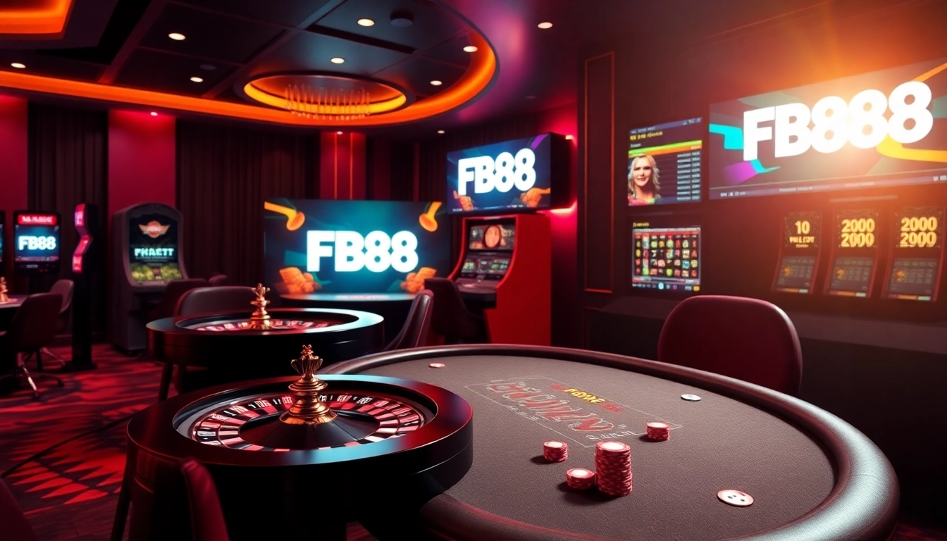 Experience thrilling gameplay at FB88 with elegant poker tables, dynamic slot machines, and dramatic casino lighting.
