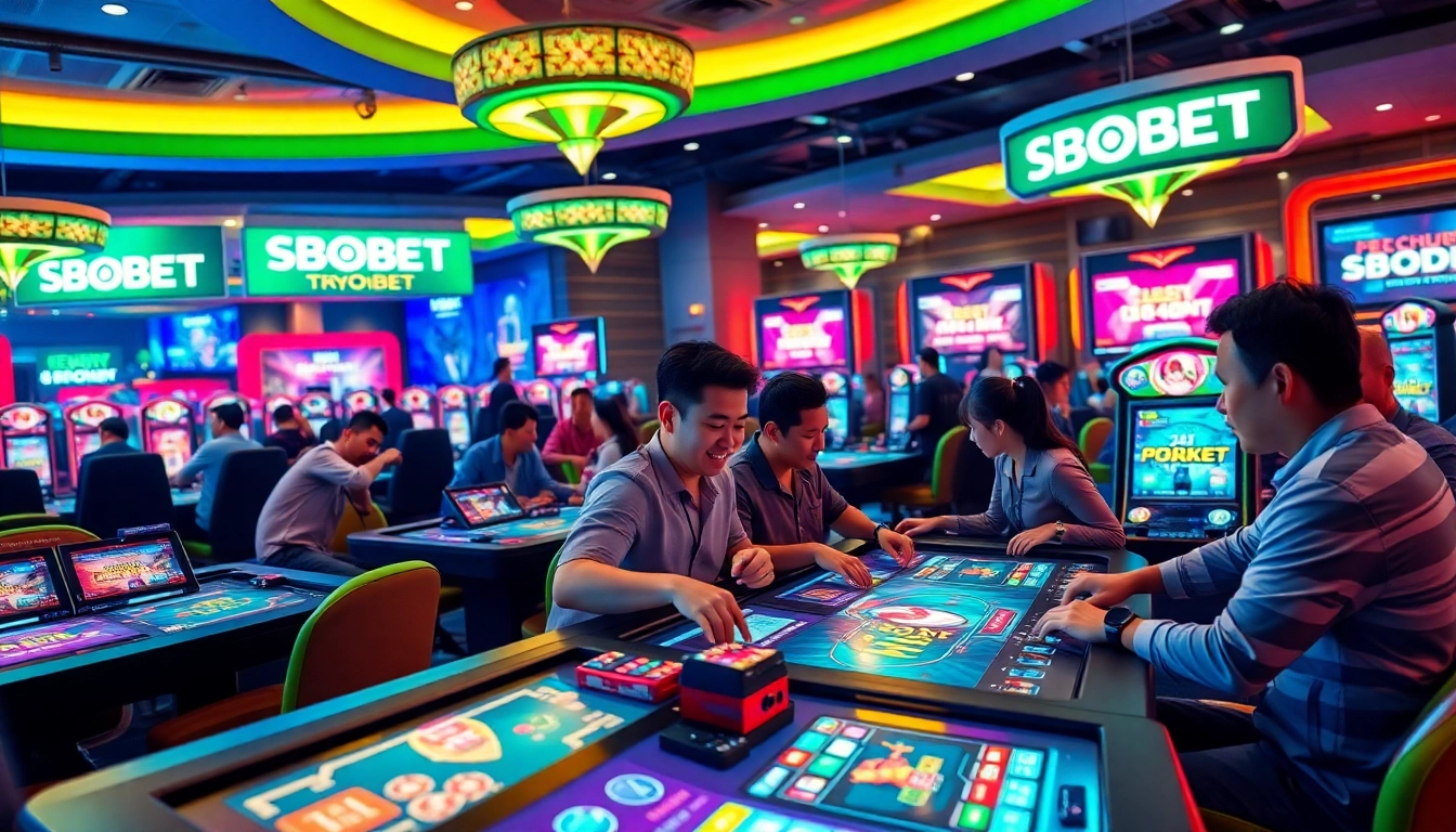 The dynamic SBOBET gaming scene with players enjoying poker at vibrant digital tables, showcasing a diverse and engaging atmosphere.