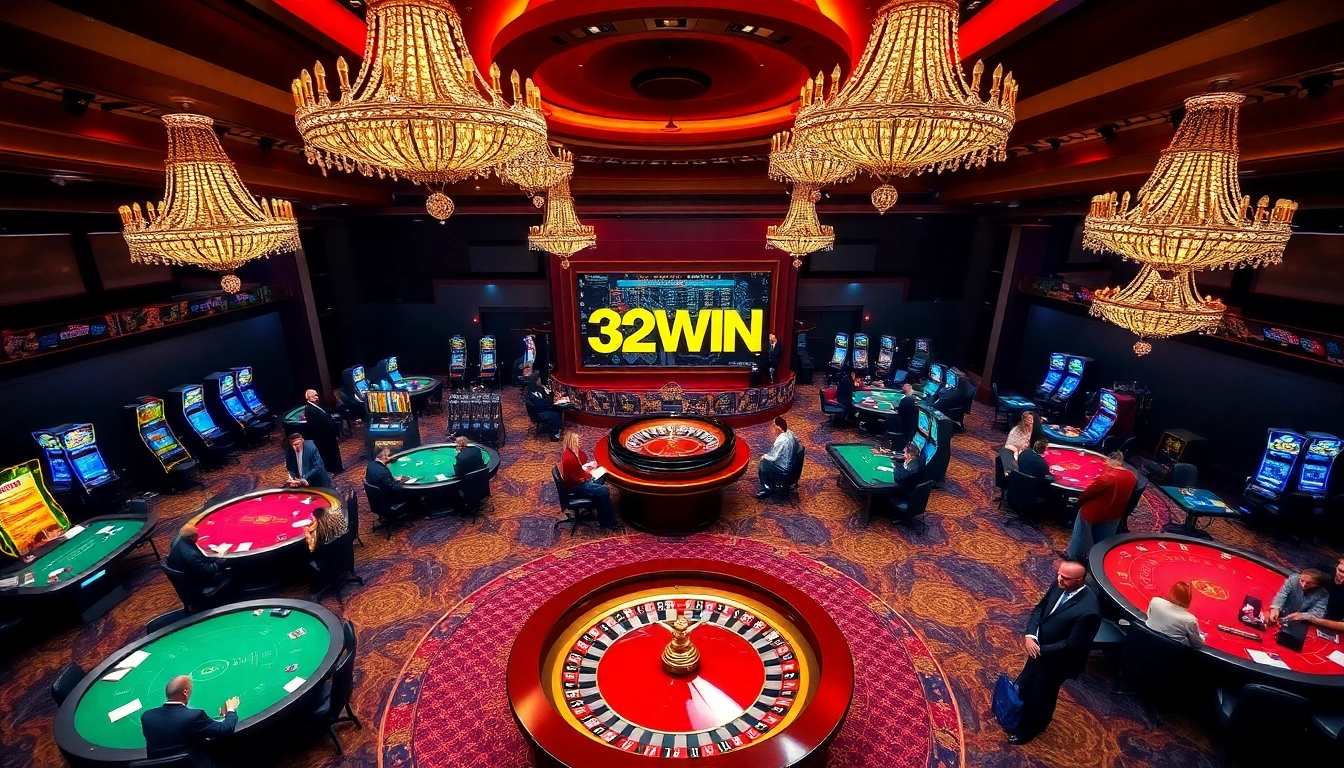Experience the thrill of 32WIN at a luxurious casino with excited players and vibrant games.
