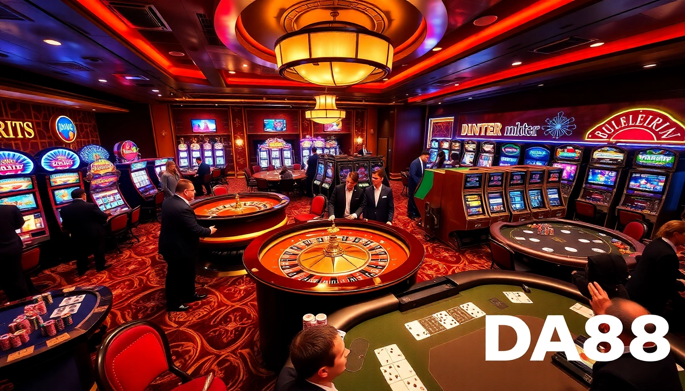 Players enjoying high-stakes games at DA88 casino, with vibrant roulette and poker action.