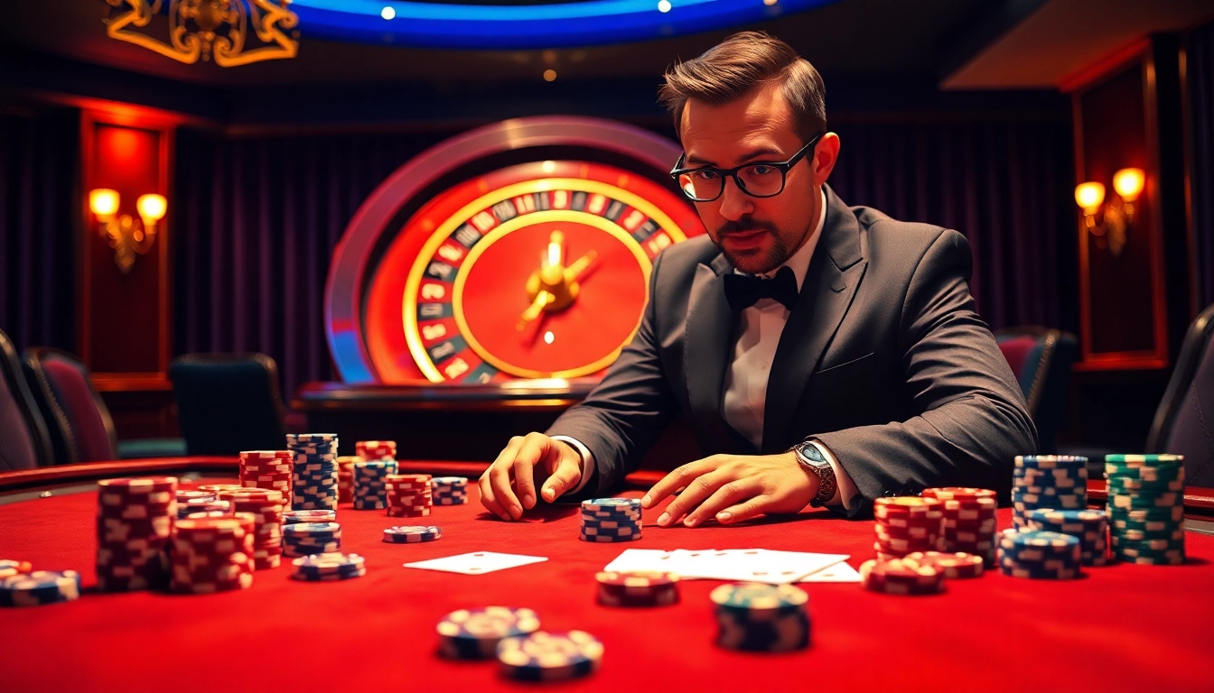 Excited gambler placing a bet on a luxurious table in a lively casino showcasing 7mcn.