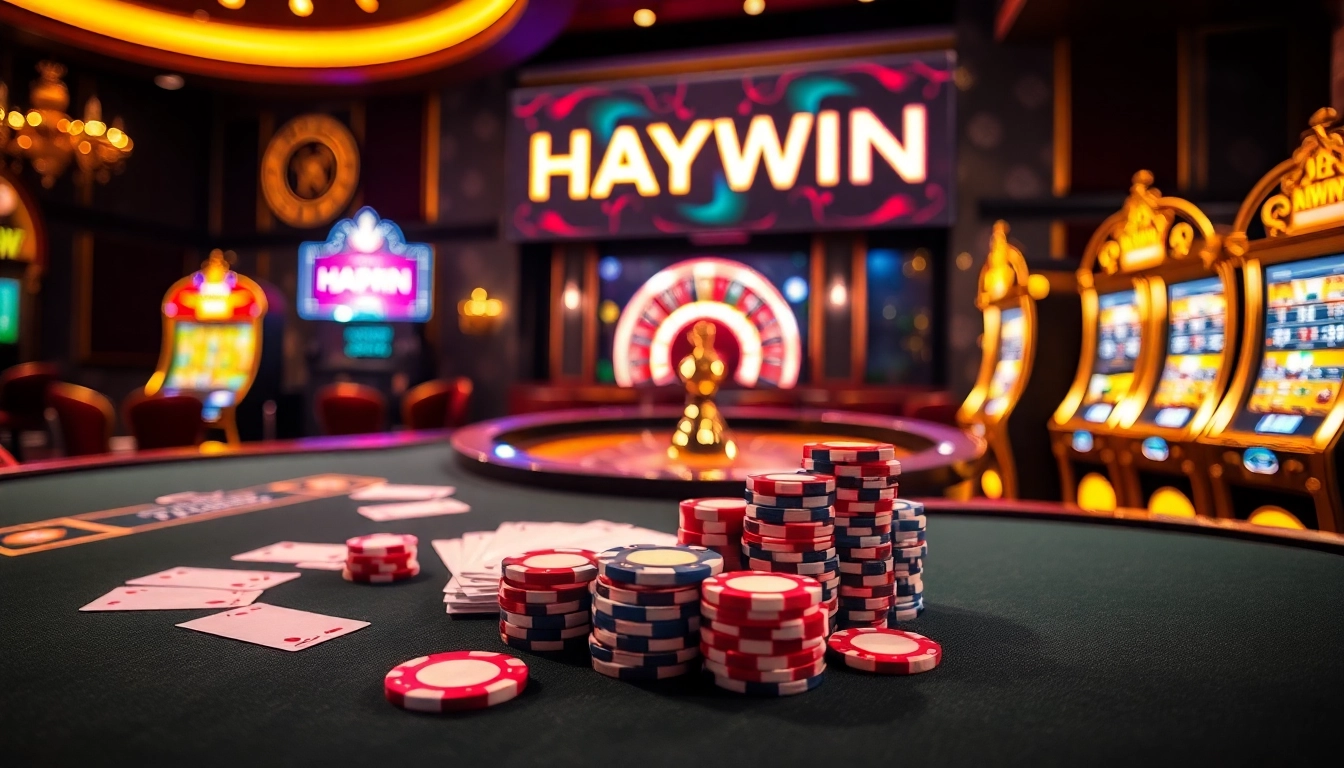 HAYWIN casino scene with vibrant poker chips and a spinning roulette wheel.