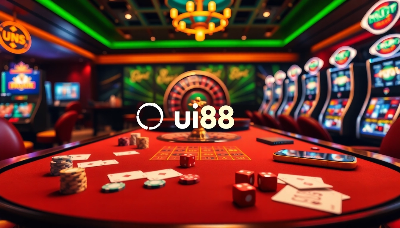 Exciting casino scene featuring uu88 branding with vibrant gambling elements.