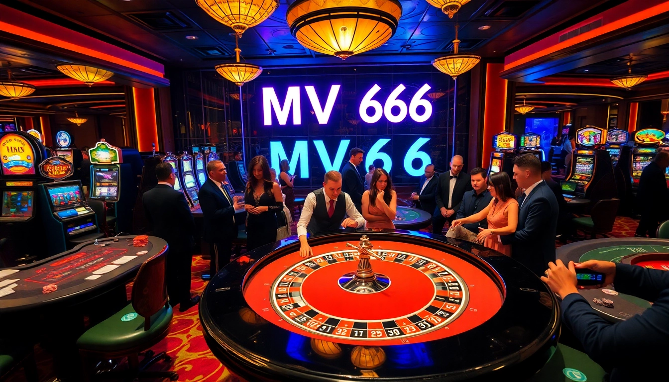 Players celebrating a win at a luxury casino with MV66-themed decor and vibrant gaming tables.