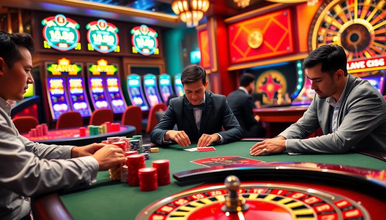 Engage in thrilling poker action at Ta88 casino with vibrant chips and an exciting atmosphere.