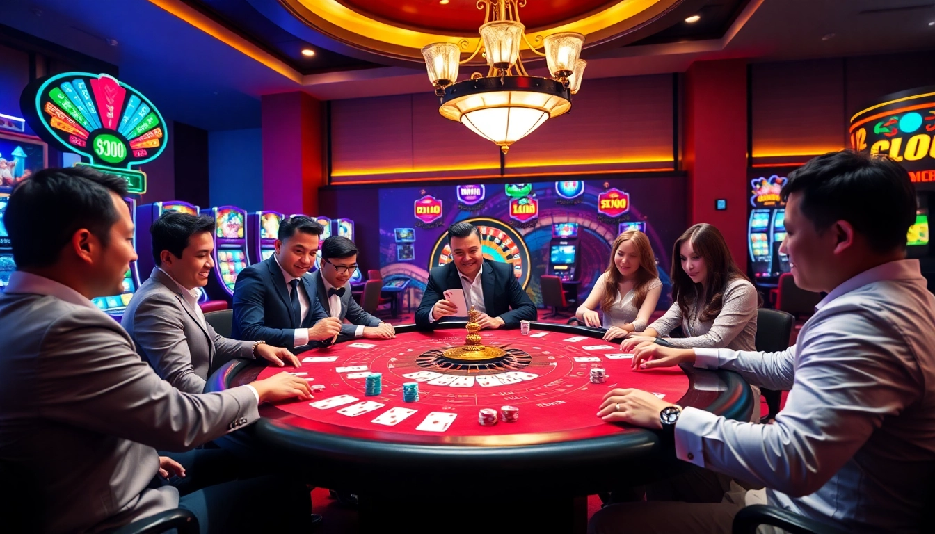 Players enjoying a thrilling game at a casino table featuring ee88 link activities.