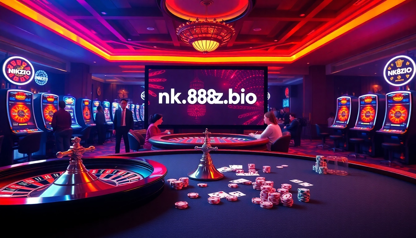 The vibrant casino scene at https://nk88zz.bio/ showcasing a roulette wheel and poker table filled with excitement.