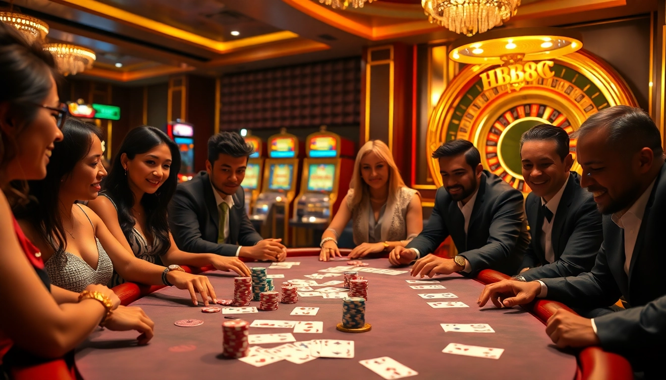 Experience HB88 excitement with vibrant poker and roulette action in a lavish casino setting.