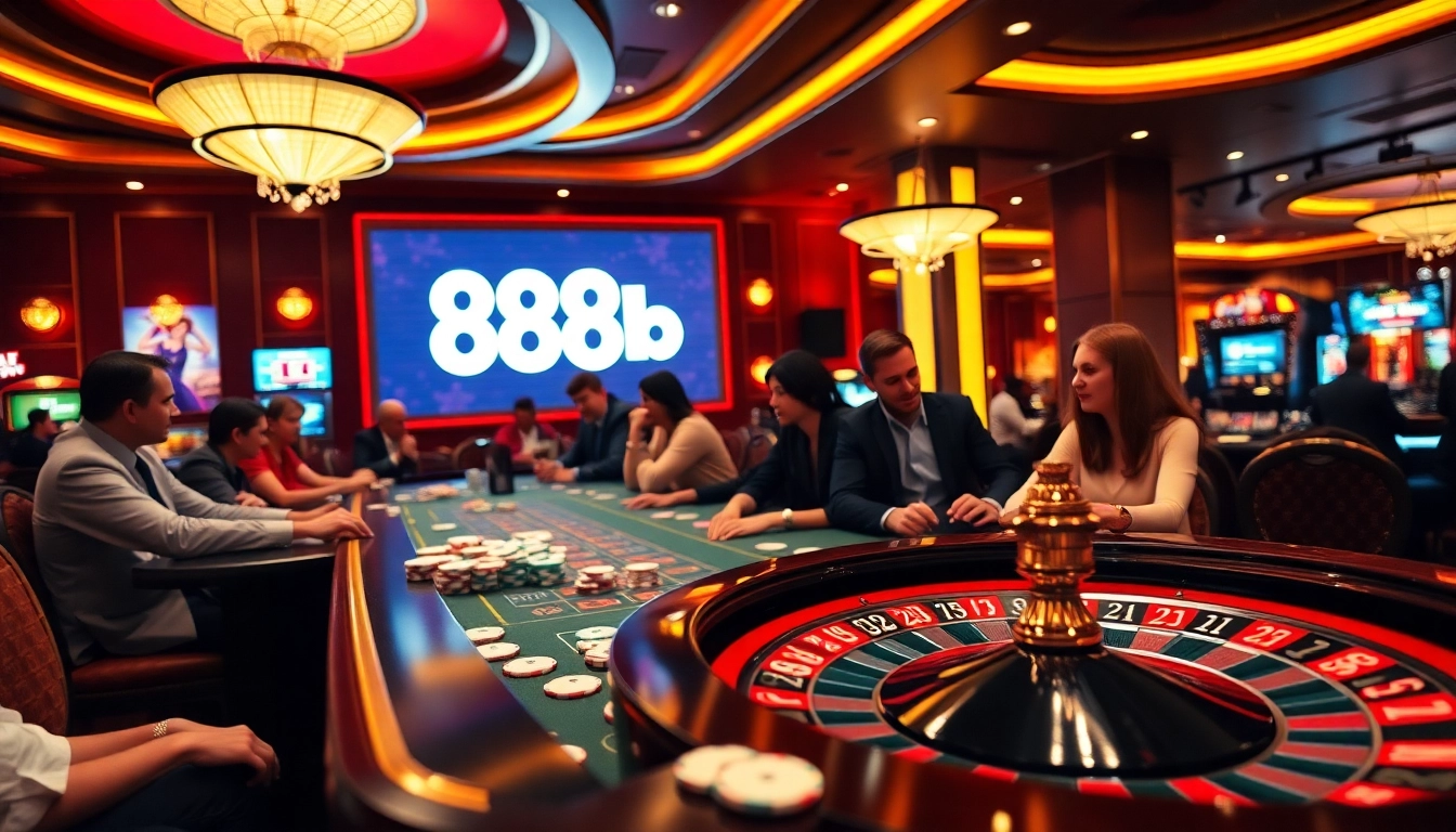 Engaging players at a vibrant casino table, featuring 888b branding amidst chips and cards.