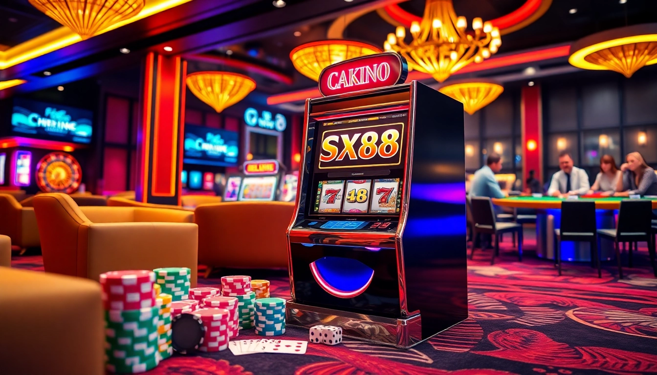 Players enjoying an exciting game at the SX88 casino with vibrant chips and cards.