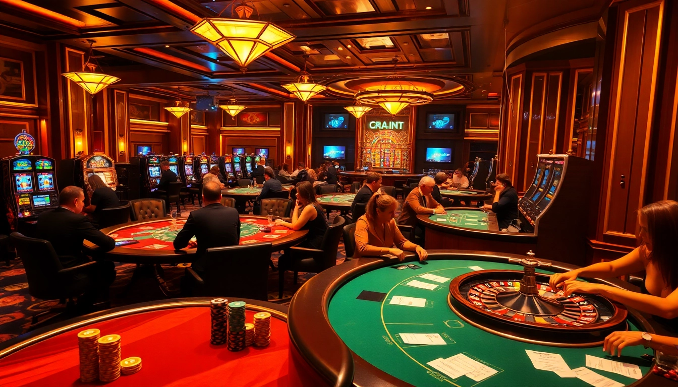 A vibrant casino scene featuring c54.gb.net's exciting gambling atmosphere with players, tables, and slot machines.