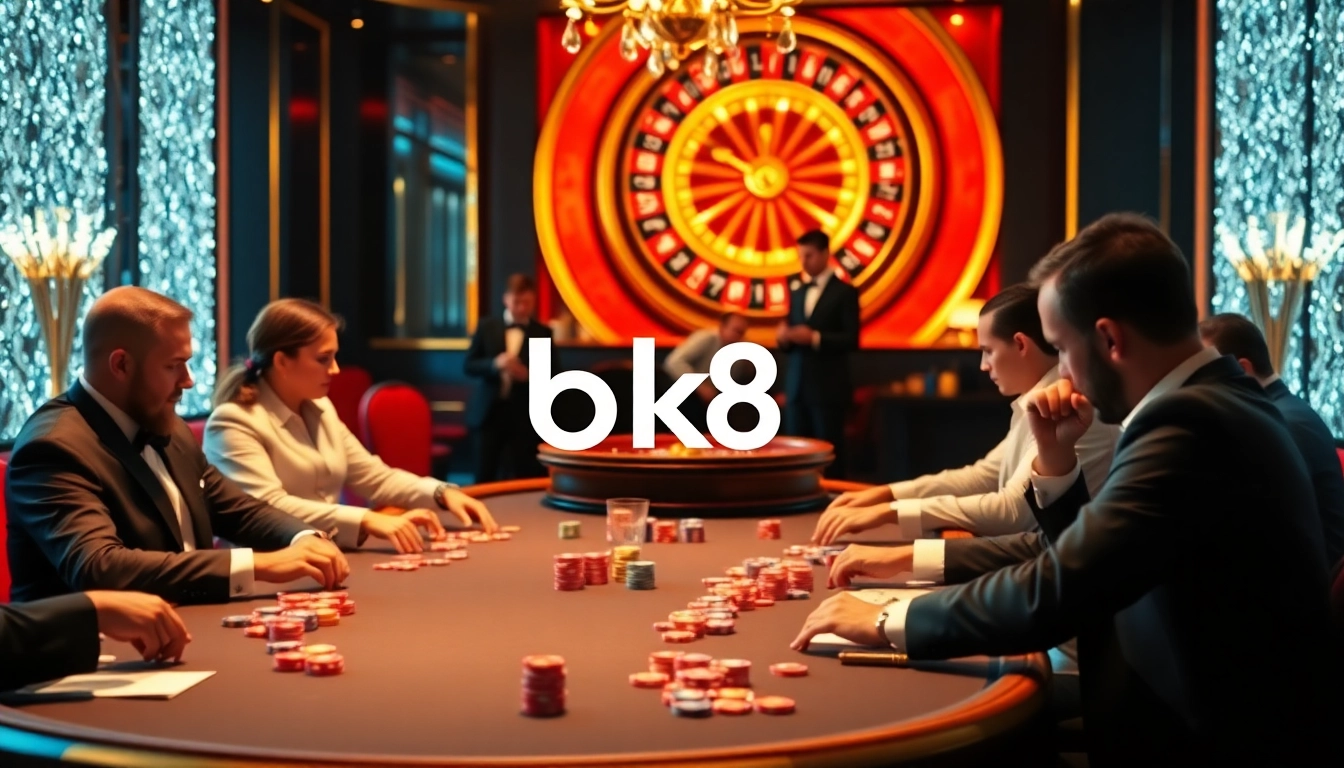 Experience intense gameplay at a bk8 poker table surrounded by vibrant casino elements.