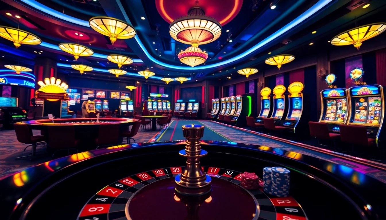 Engaging scene on trang chủ tr88 featuring roulette and poker tables with vibrant casino elements.