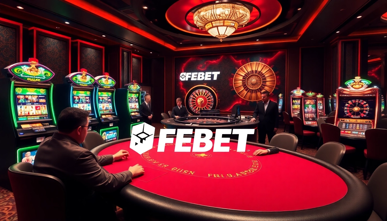 Players enjoying high-stakes poker at a luxurious FEBET casino with slot machines glowing in the background.