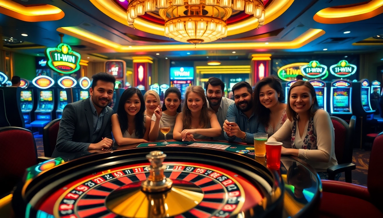 Experience thrilling gameplay at 11WIN in a lively casino scene with roulette and poker action.