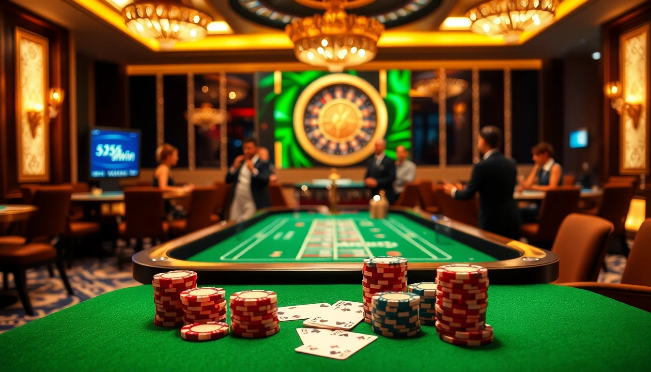 Engage with the excitement of 555win at a luxurious casino with vibrant poker chips and a spinning roulette.