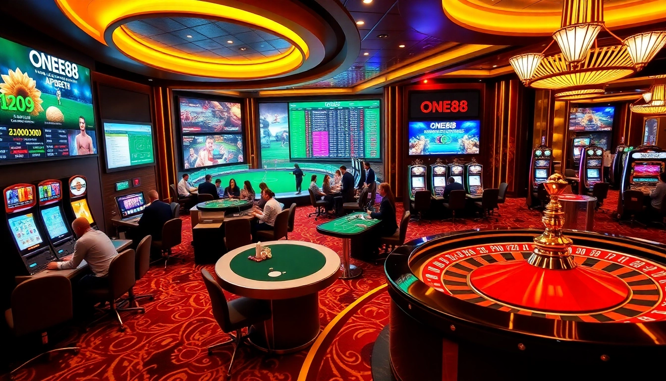 ONE88 casino players enjoying poker and sports betting in a luxurious setting.