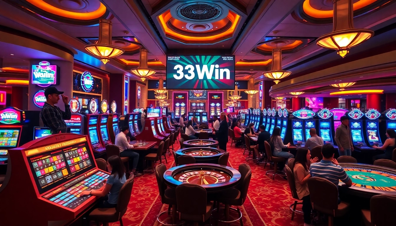 33Win casino players enjoying an engaging gaming experience with vibrant slot machines and roulette.