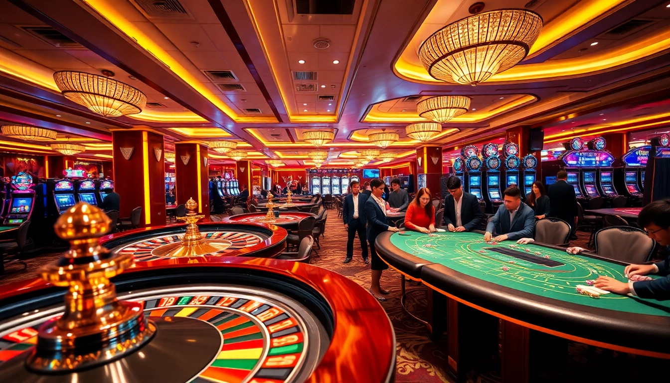 Experience the thrill of gambling at Liên Minh KJC with vibrant casino tables and excited players.