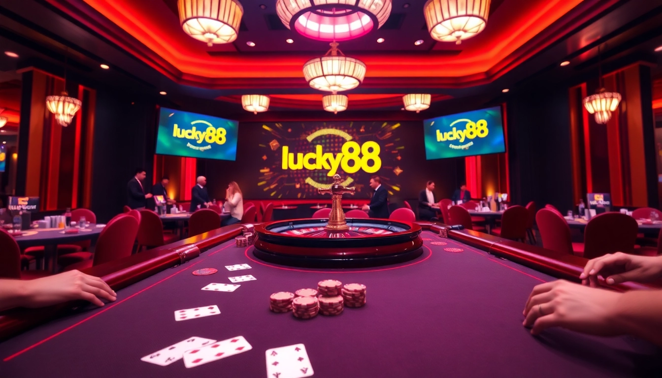 Players enjoying a game at lucky88 casino with vibrant poker table and roulette wheel.